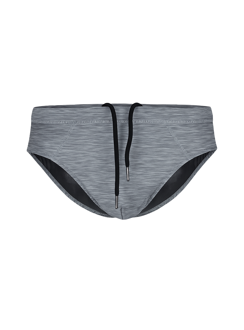 Gray heathered tartarus swim brief with black drawstrings and contrasting black inner lining for swimwear use