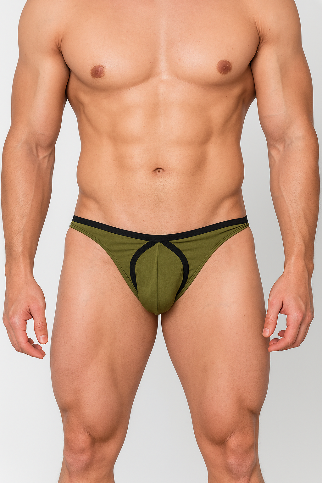 Olive green and black athletic tartarus tear drop thong with a distinctive cutout design shown from the back side