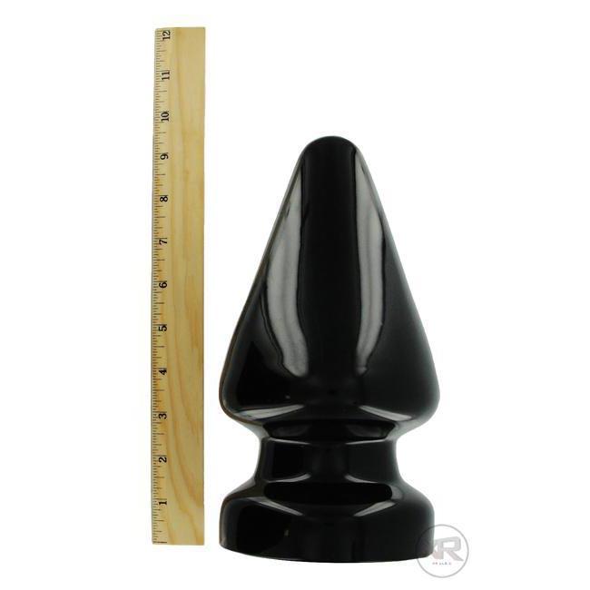 Black glossy plastic butt plug the ass stopper xxl with tapered pointed tip and rounded base