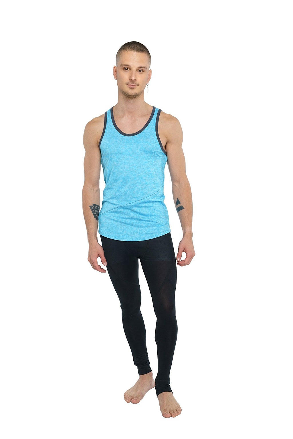Light blue athletic tank top with black trim made of breathable fabric perfect for workouts and casual wear