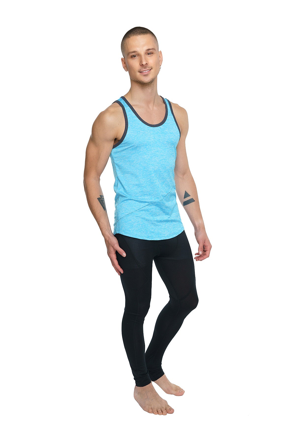 Aqua blue tank top with black trim in lightweight fabric perfect for casual and athletic wear