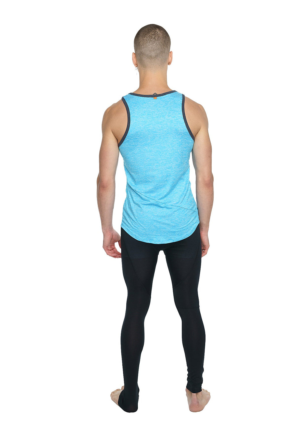 Aqua blue sleeveless athletic tank top with black trim along neckline and armholes designed for activewear