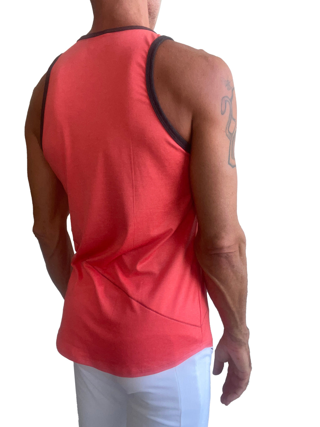 A vibrant coral sleeveless tank top with black trim along neckline and armholes perfect for casual wear