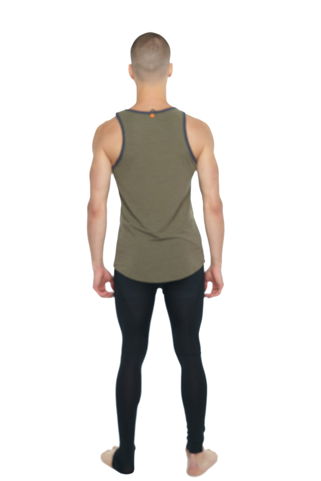Olive green sleeveless athletic tank top with dark gray trim along neckline and armholes perfect for workouts