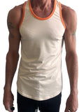 Cream-colored tank top with orange trim around neckline and armholes in sand beige perfect tank style