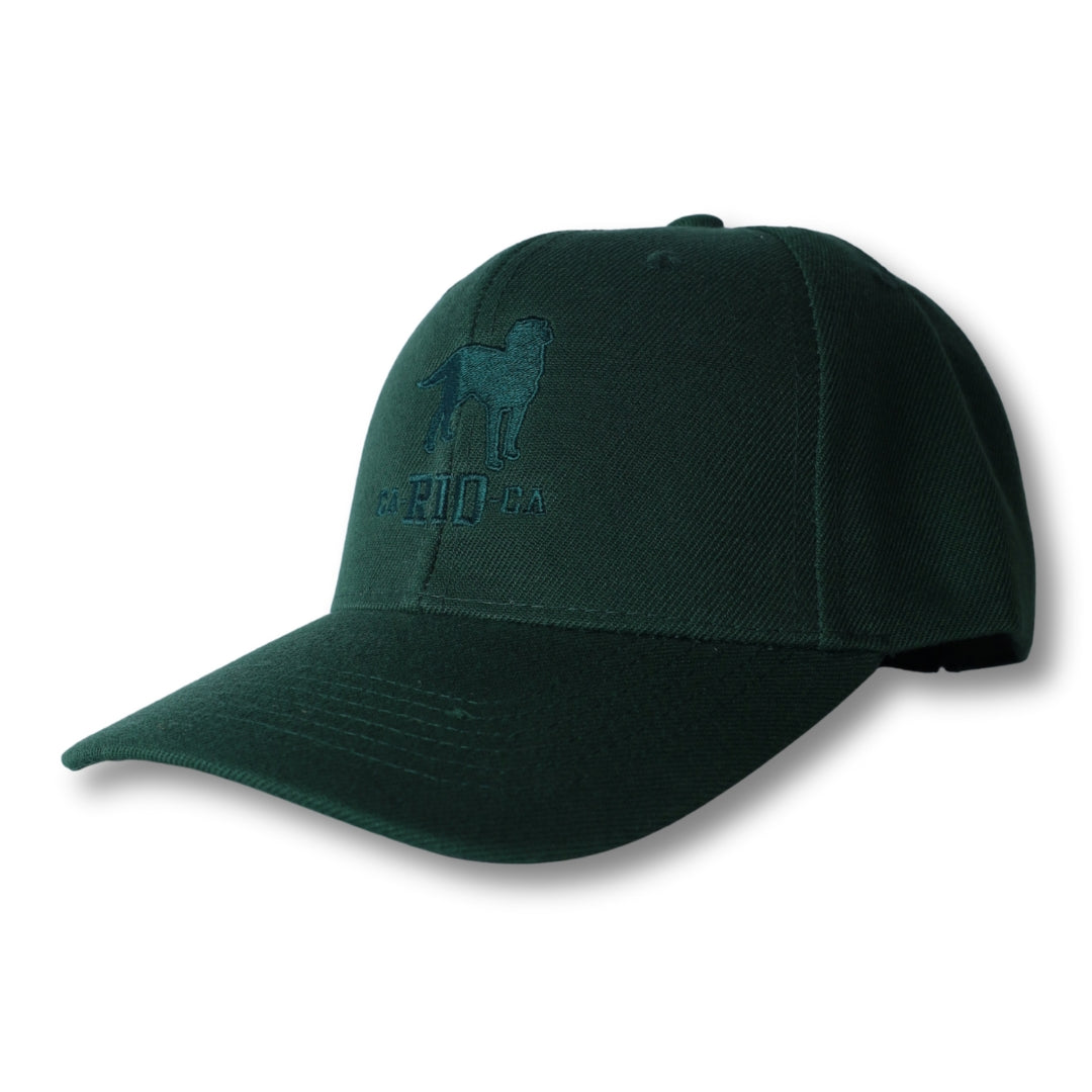 Dark green baseball cap featuring the stealth ca-rio-ca logo embroidered dog silhouette and rio la text