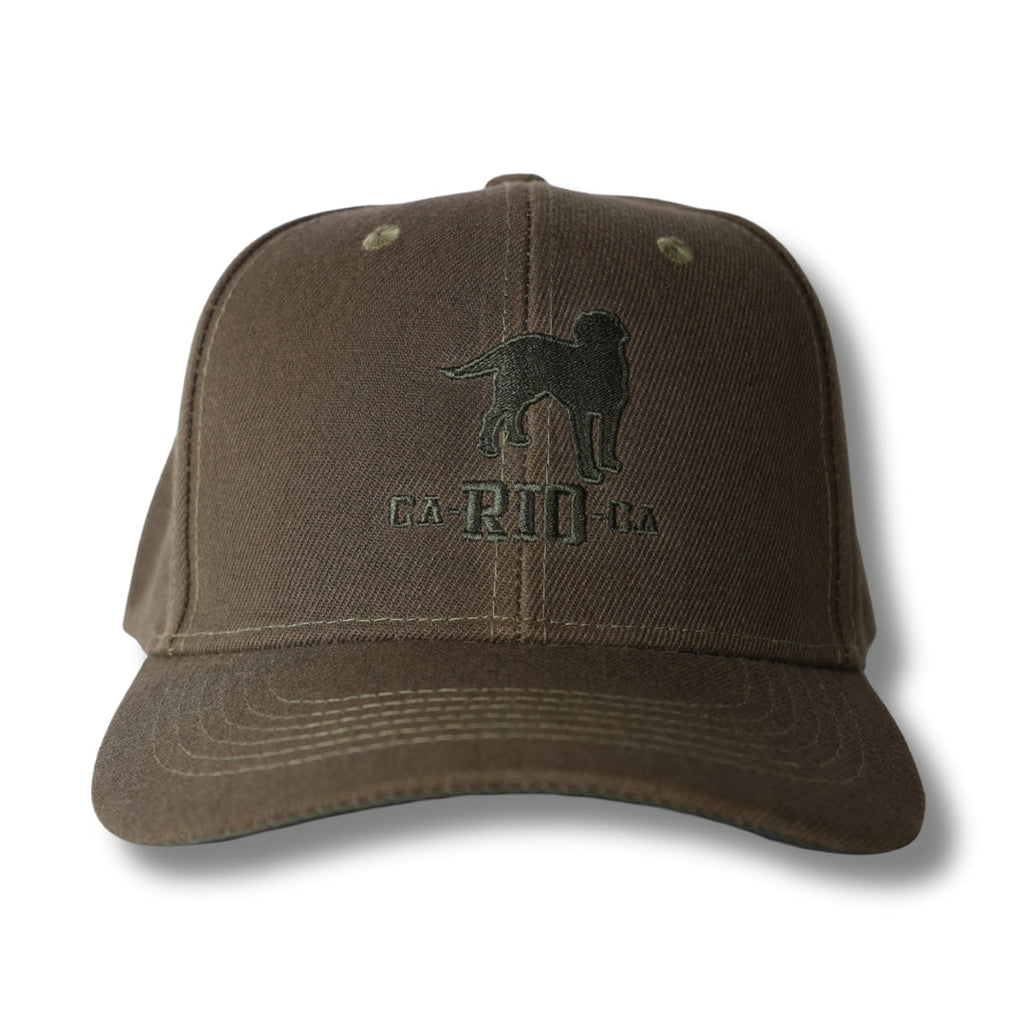 Olive green baseball cap with black embroidered dog silhouette and ca rio ca text in the stealth ca-rio-ca logo design