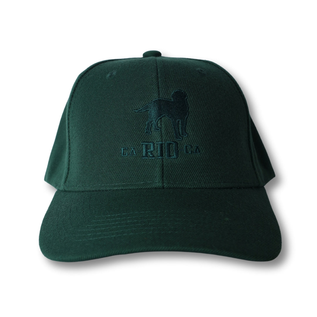 Dark green baseball cap with embroidered dog silhouette and ea rio ba text from the stealth CA-RIO-CA logo series