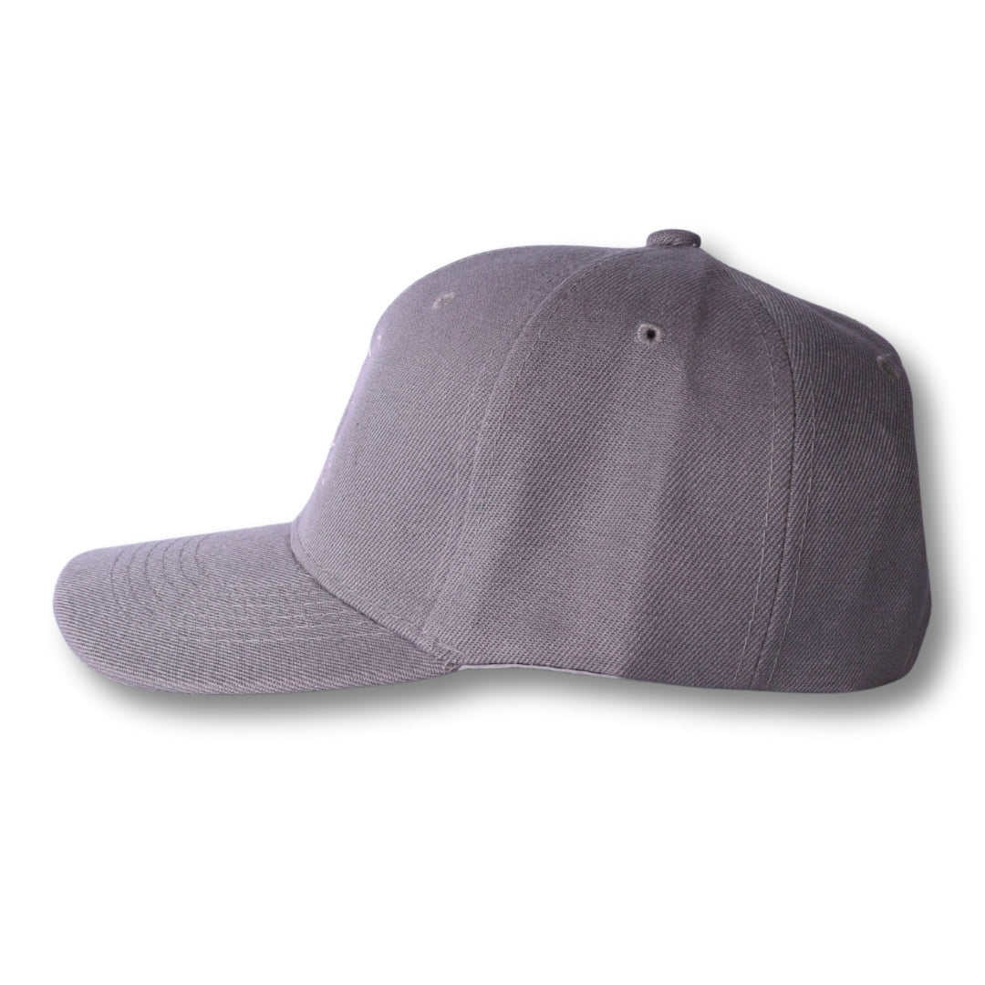Gray structured six-panel baseball cap with stitched seams and stealth ca-rio-ca logo embroidered on front