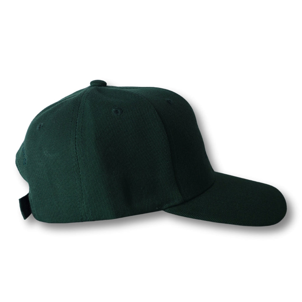 Dark green structured baseball cap with curved brim made of durable fabric the stealth ca-rio-ca logo embroidered hat
