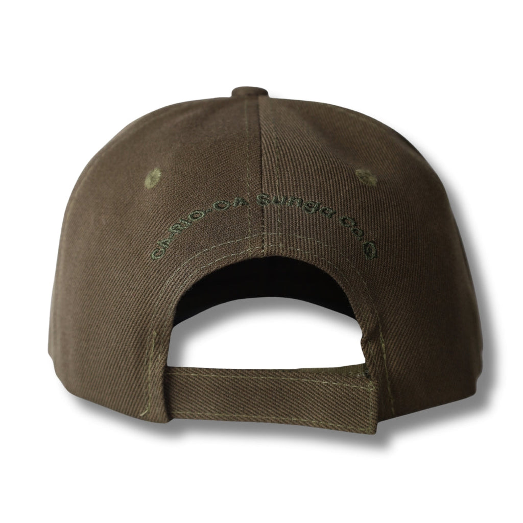 Olive green cotton baseball cap with chico chango embroidered text on the back from the stealth ca-rio-ca logo series