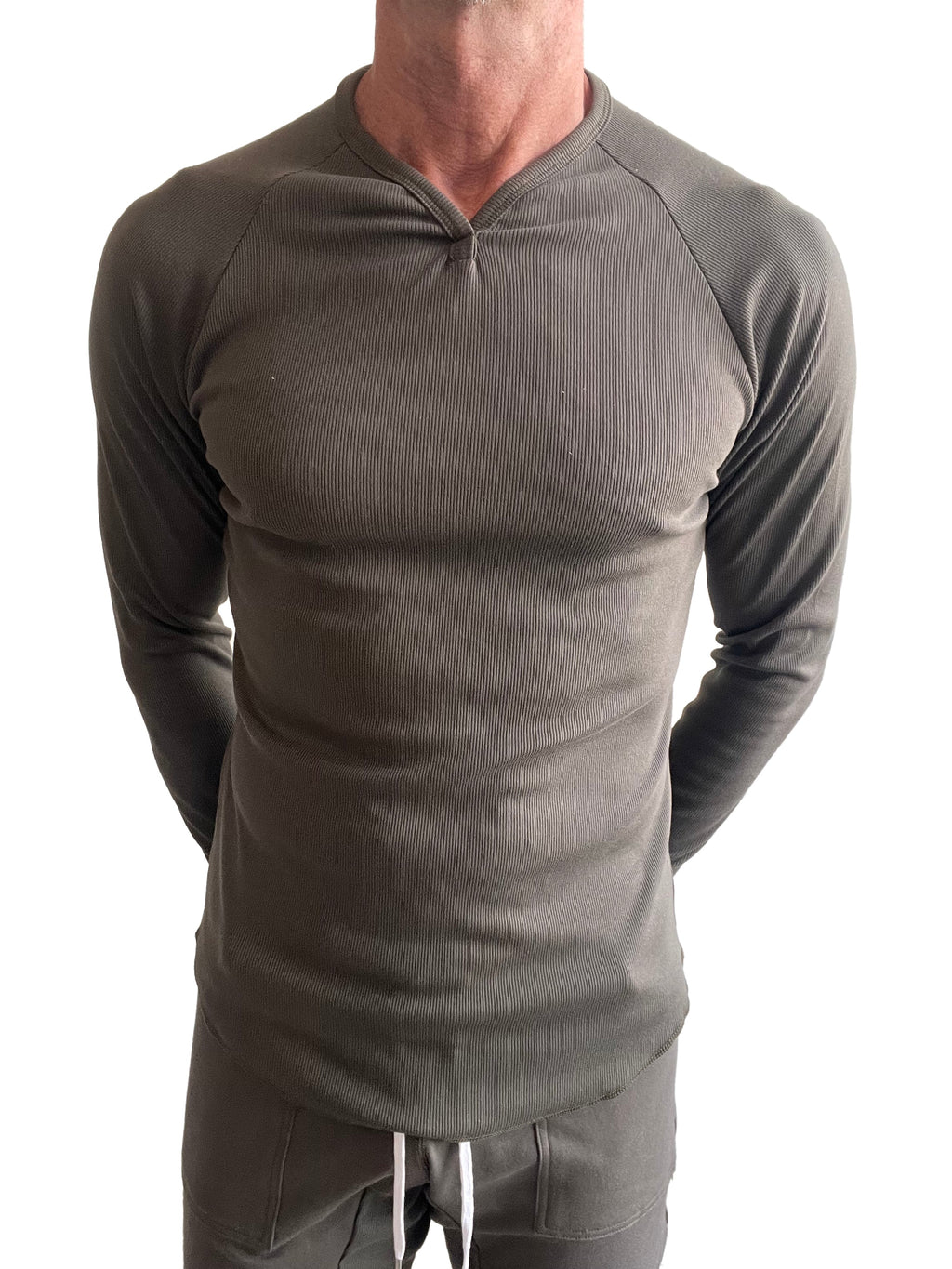 A sleek olive green thermal v neck long sleeve shirt with ribbed fabric and fitted design for layering or casual wear