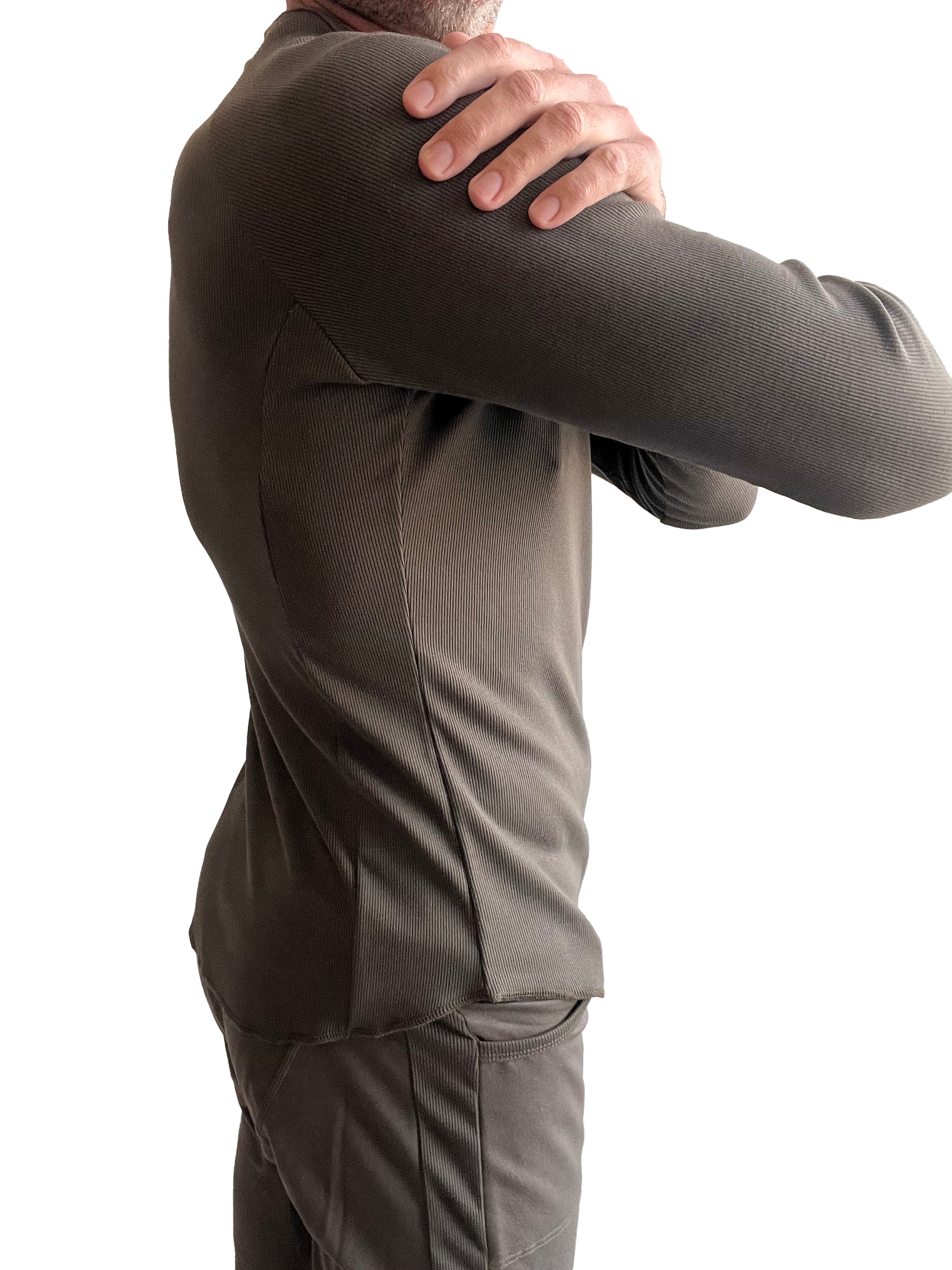 A dark olive green ribbed thermal v-neck long sleeve shirt with a fitted athletic cut