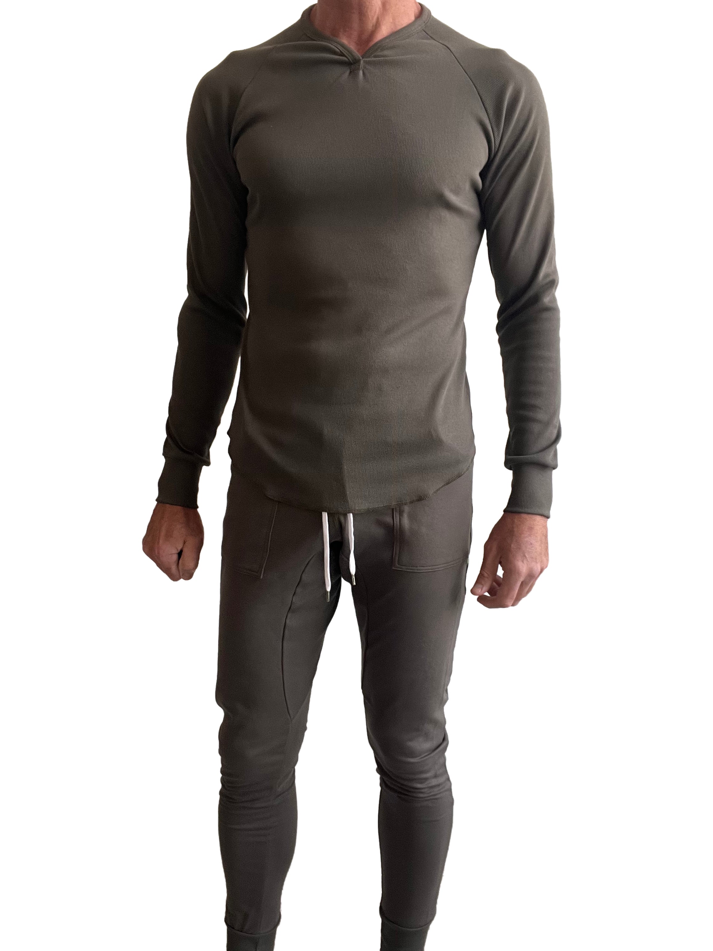 Olive green thermal v neck long sleeve hoodie and matching joggers set designed for warmth and comfort