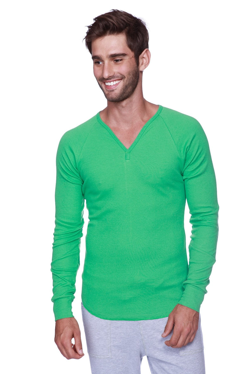 Bright green thermal v-neck long sleeve sweater made from bamboo with ribbed cuffs and hem