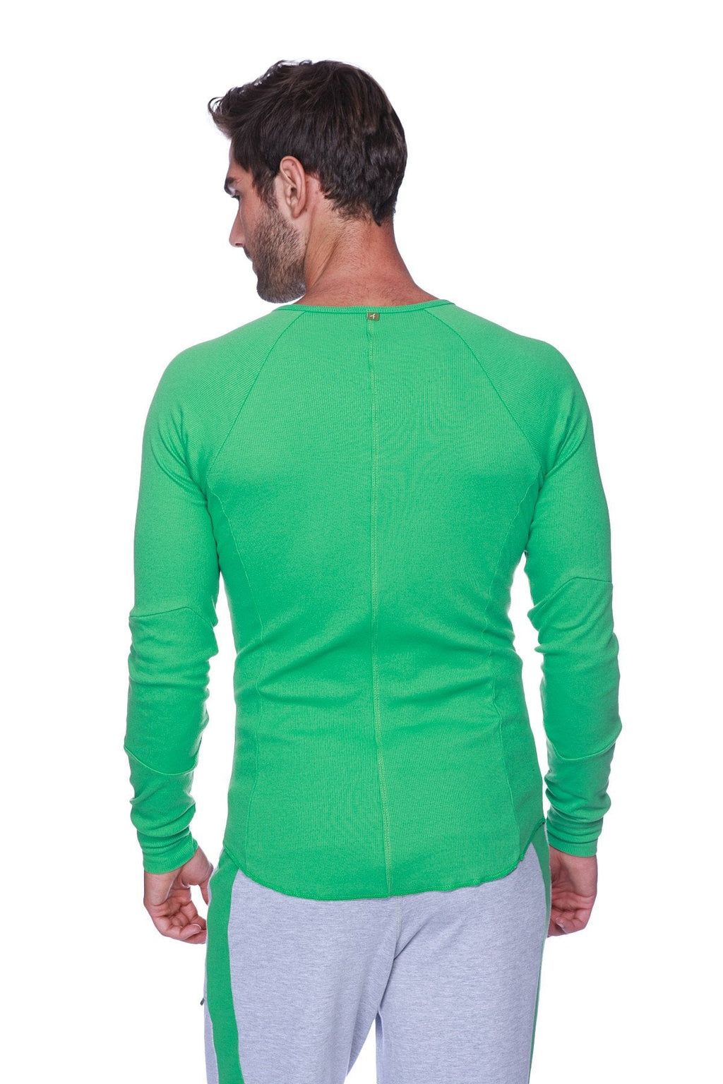 Bright green bamboo thermal v neck long sleeve shirt with ribbed texture and raglan sleeves for athletic wear