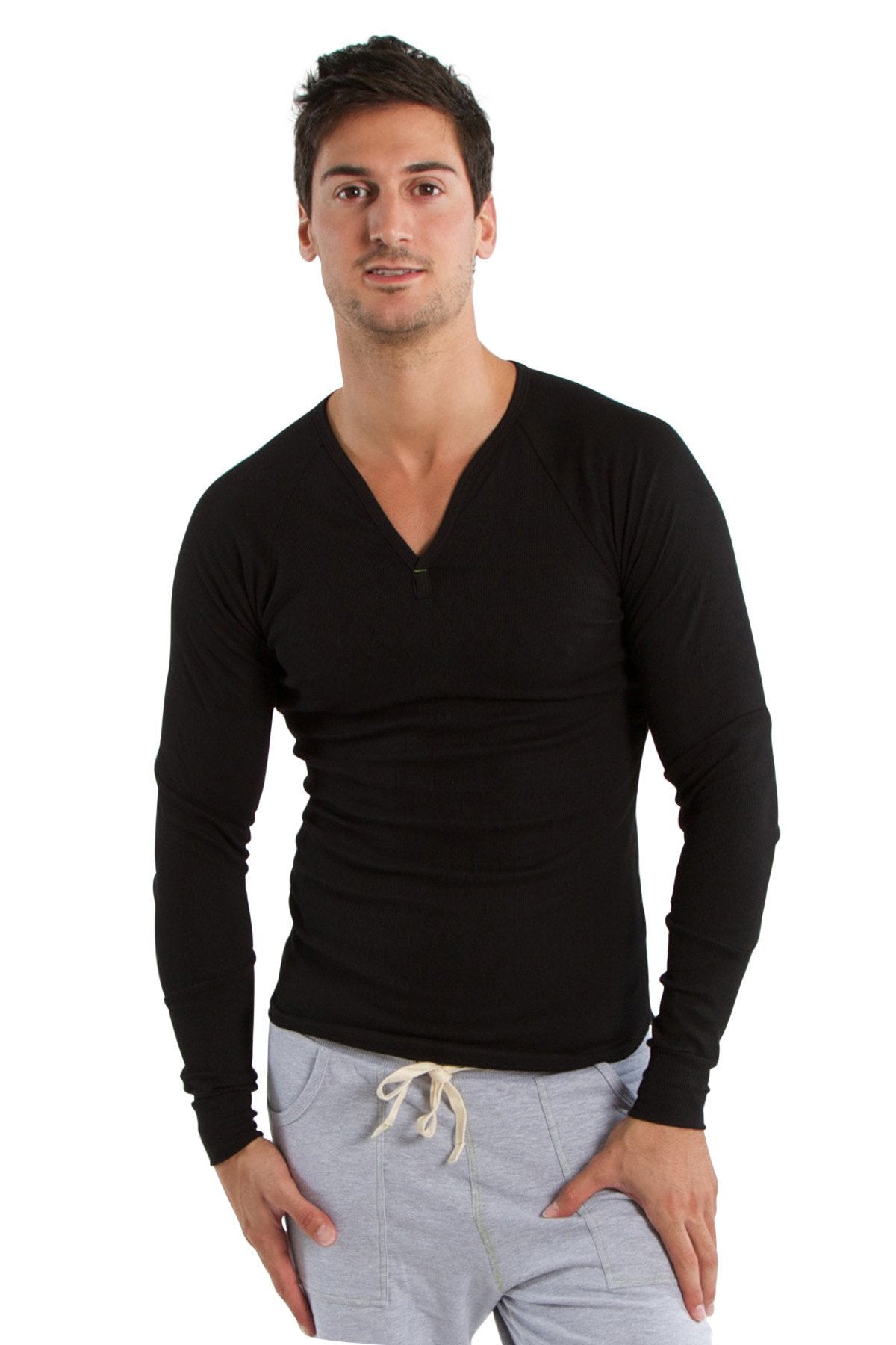 Black thermal v-neck long sleeve shirt with fitted silhouette and subtle ribbed texture for layering or warmth