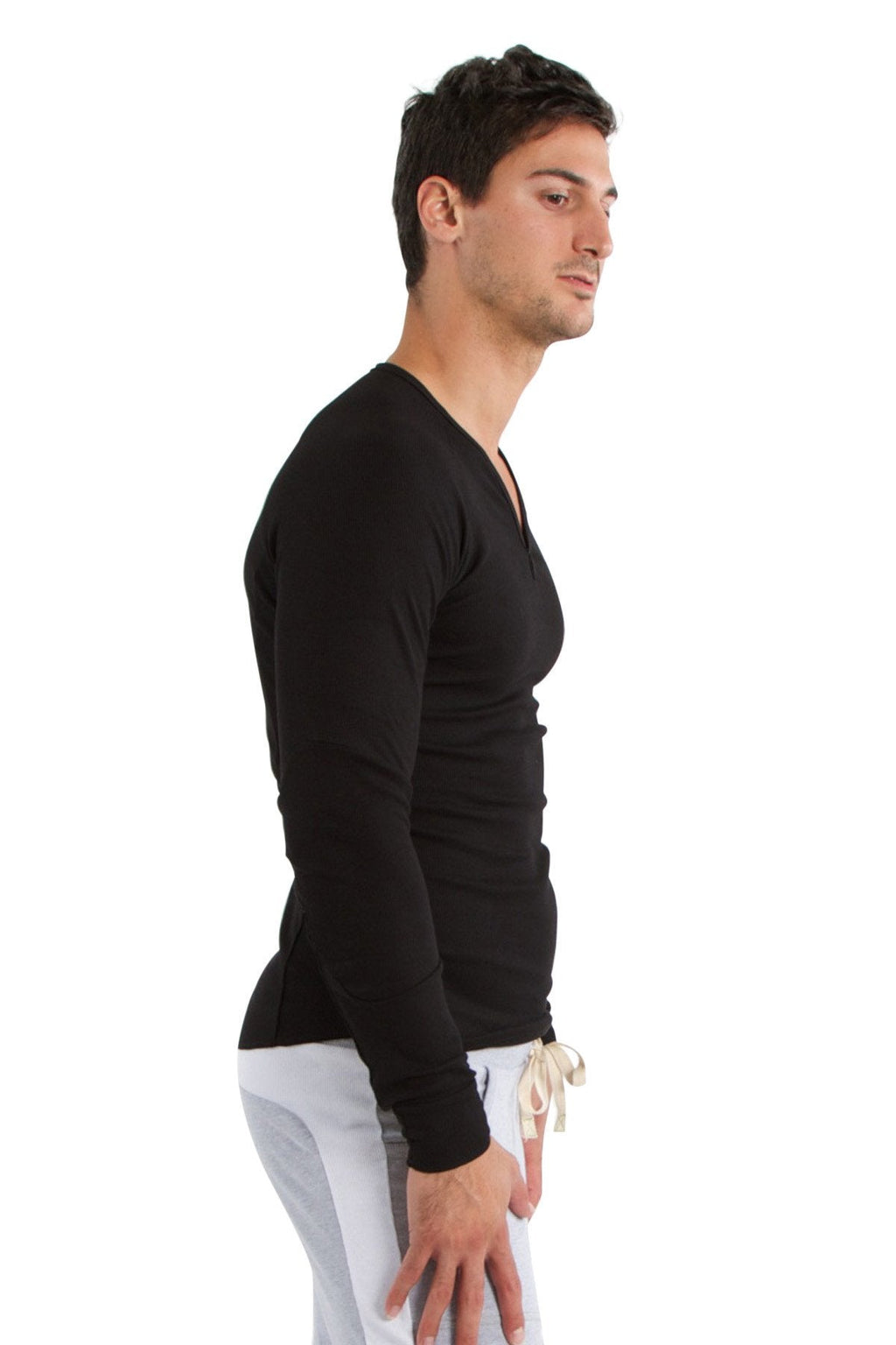 Black thermal v neck long sleeve shirt with fitted silhouette and ribbed cuffs for warmth and style