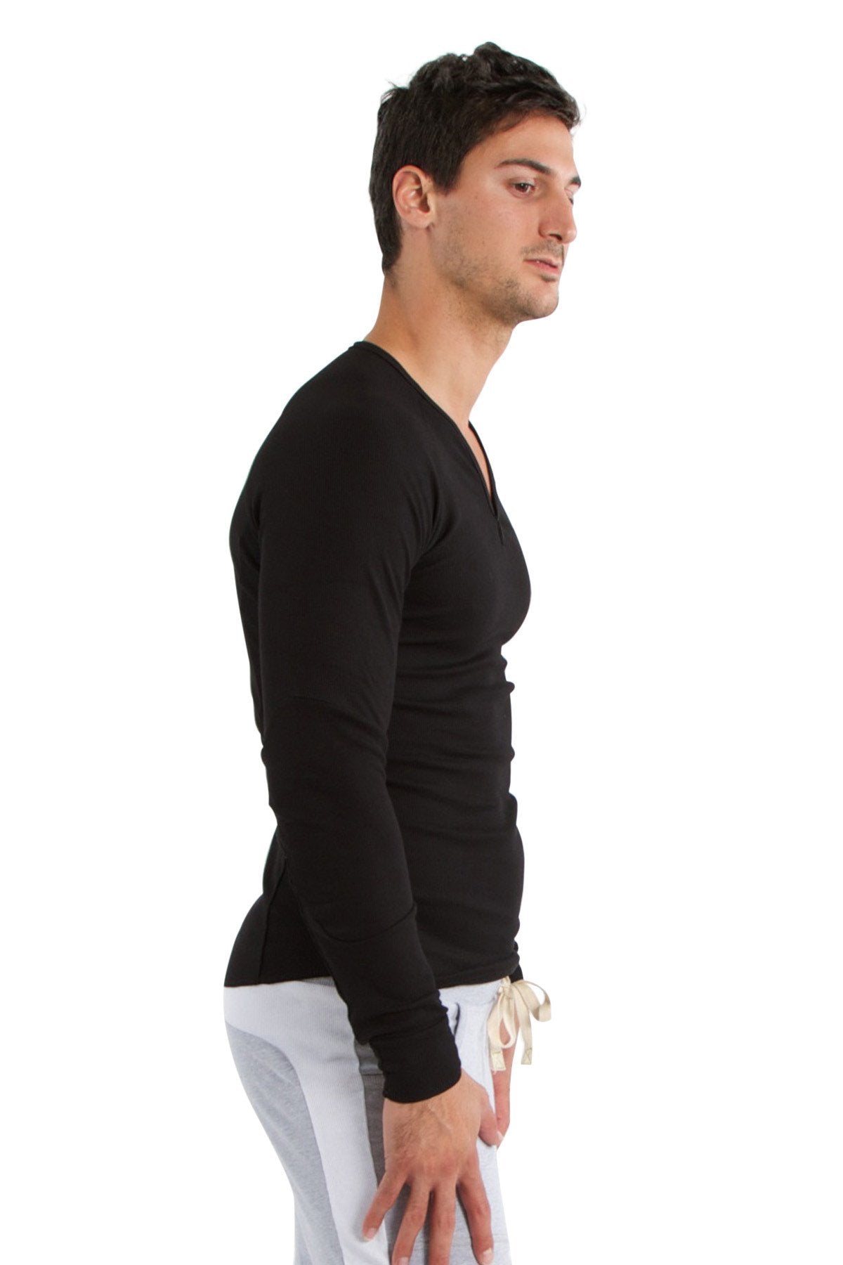 Black thermal v neck long sleeve shirt with fitted silhouette and ribbed cuffs for warmth and style