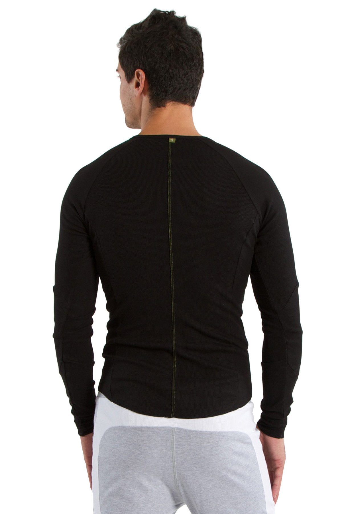 Black thermal v-neck long sleeve athletic top showing back with central zipper for cold weather workouts
