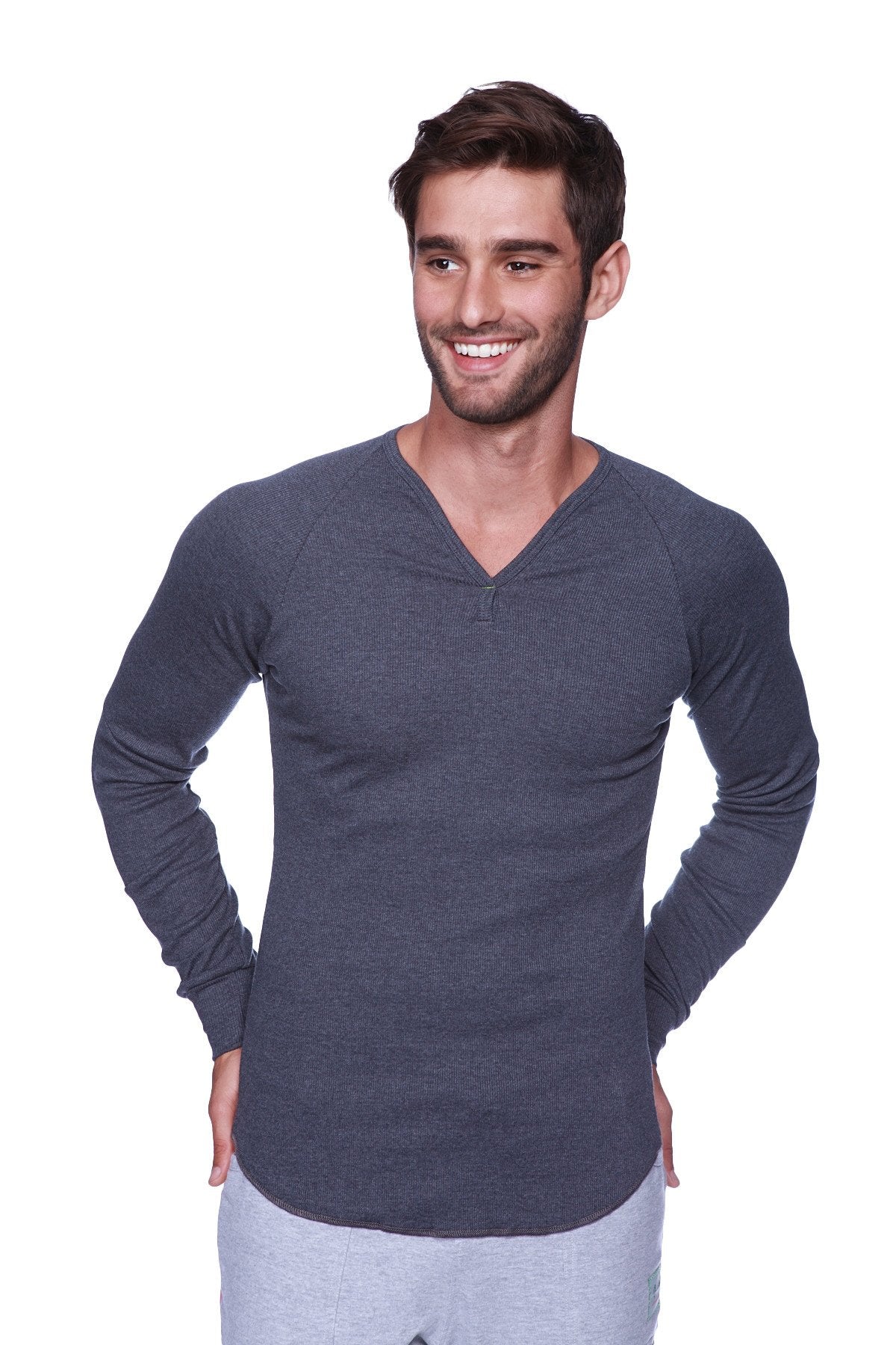 Dark gray thermal v neck long sleeve shirt with subtle textured knit pattern for added warmth and comfort