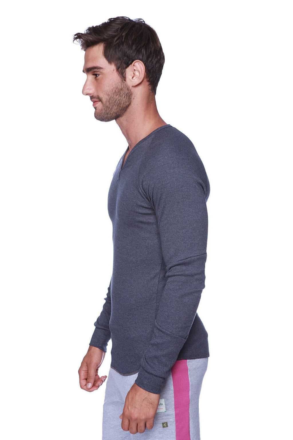 Charcoal thermal v-neck long sleeve sweater with subtle textured dark gray fabric for layered warmth