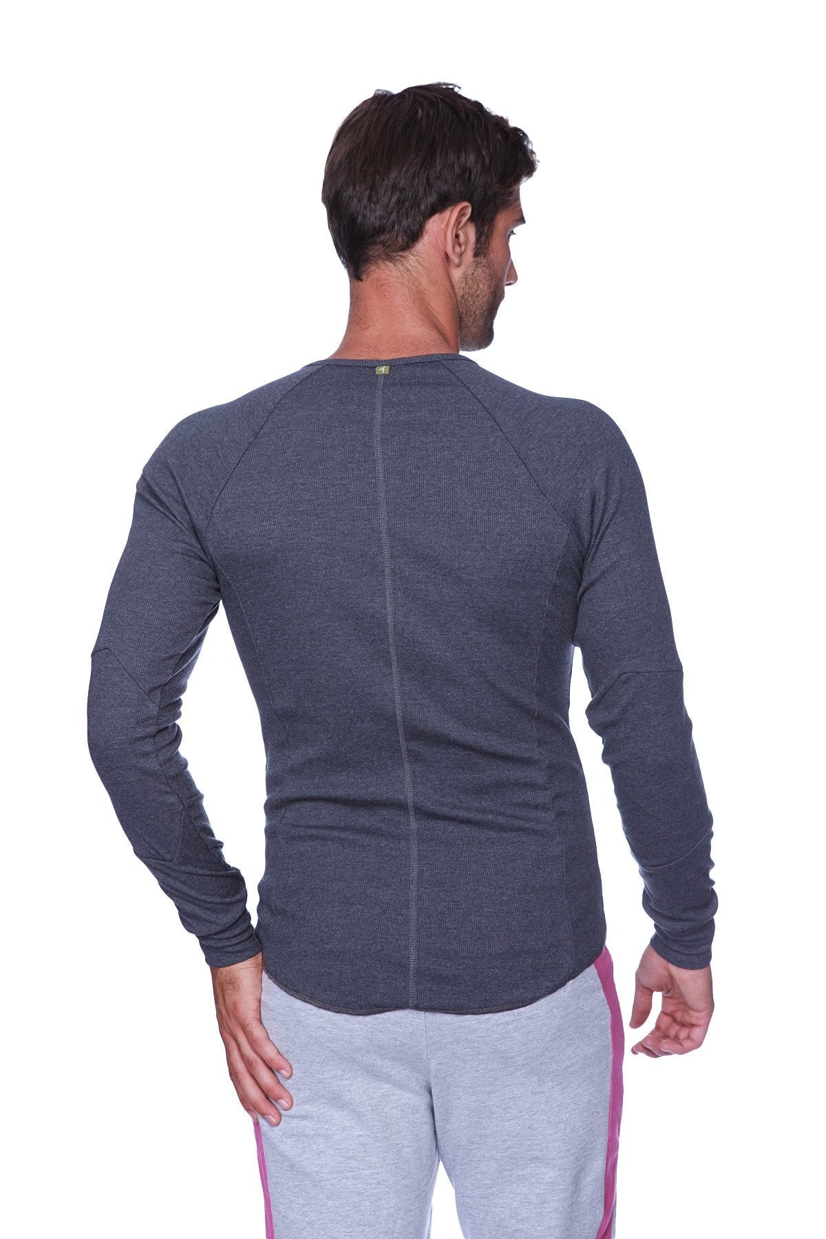 Dark gray heathered thermal v neck long sleeve shirt with subtle textured fabric and central back seam shown from the back