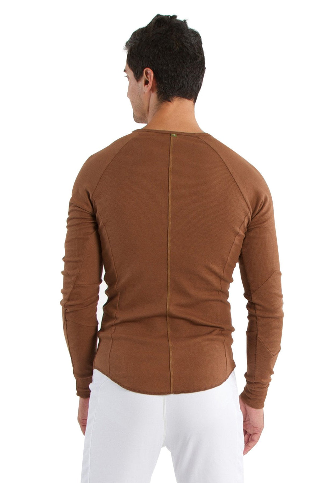 Thermal v neck long sleeve chocolate shown from the back with fitted design and subtle seam detailing