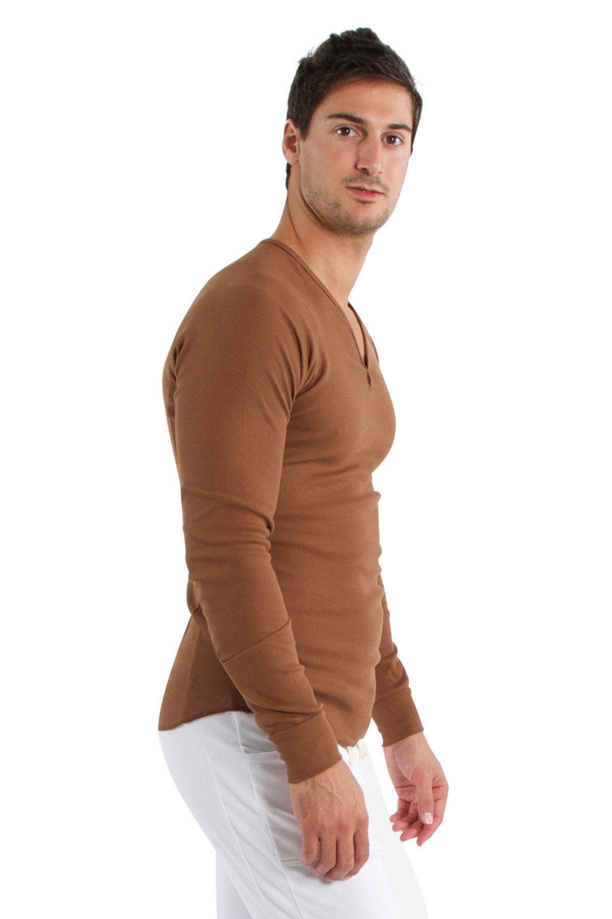 A slim fit thermal v neck long sleeve sweater in chocolate brown with a subtle ribbed texture
