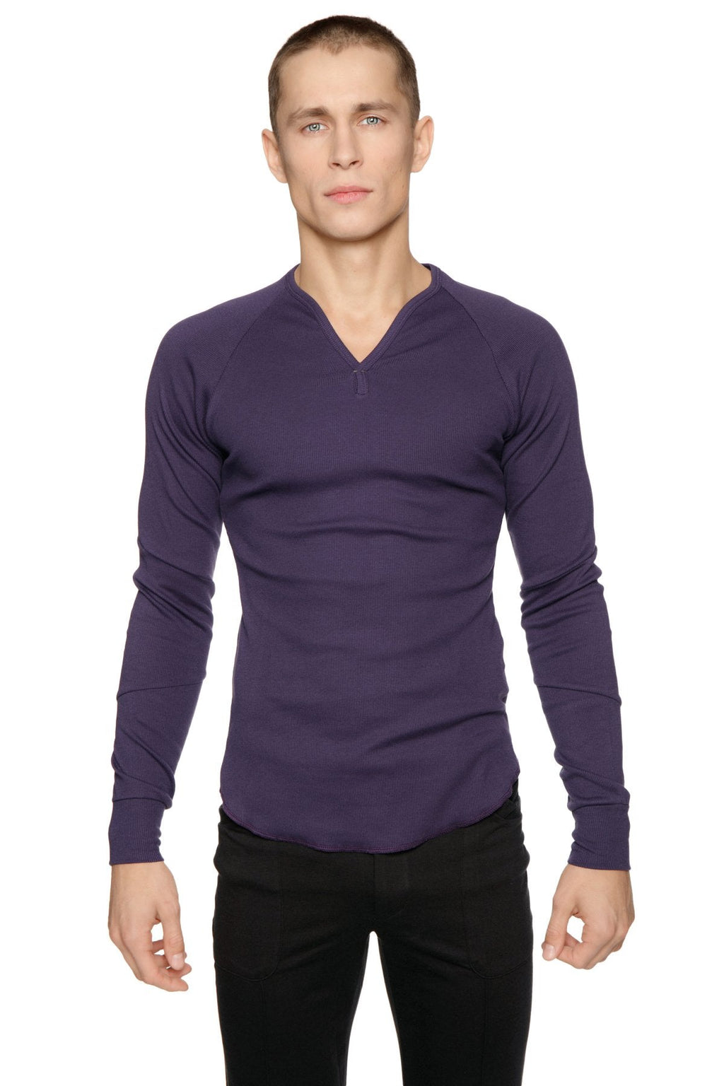 A sleek eggplant thermal v-neck long sleeve shirt with zipper detail at the neckline for warmth and style