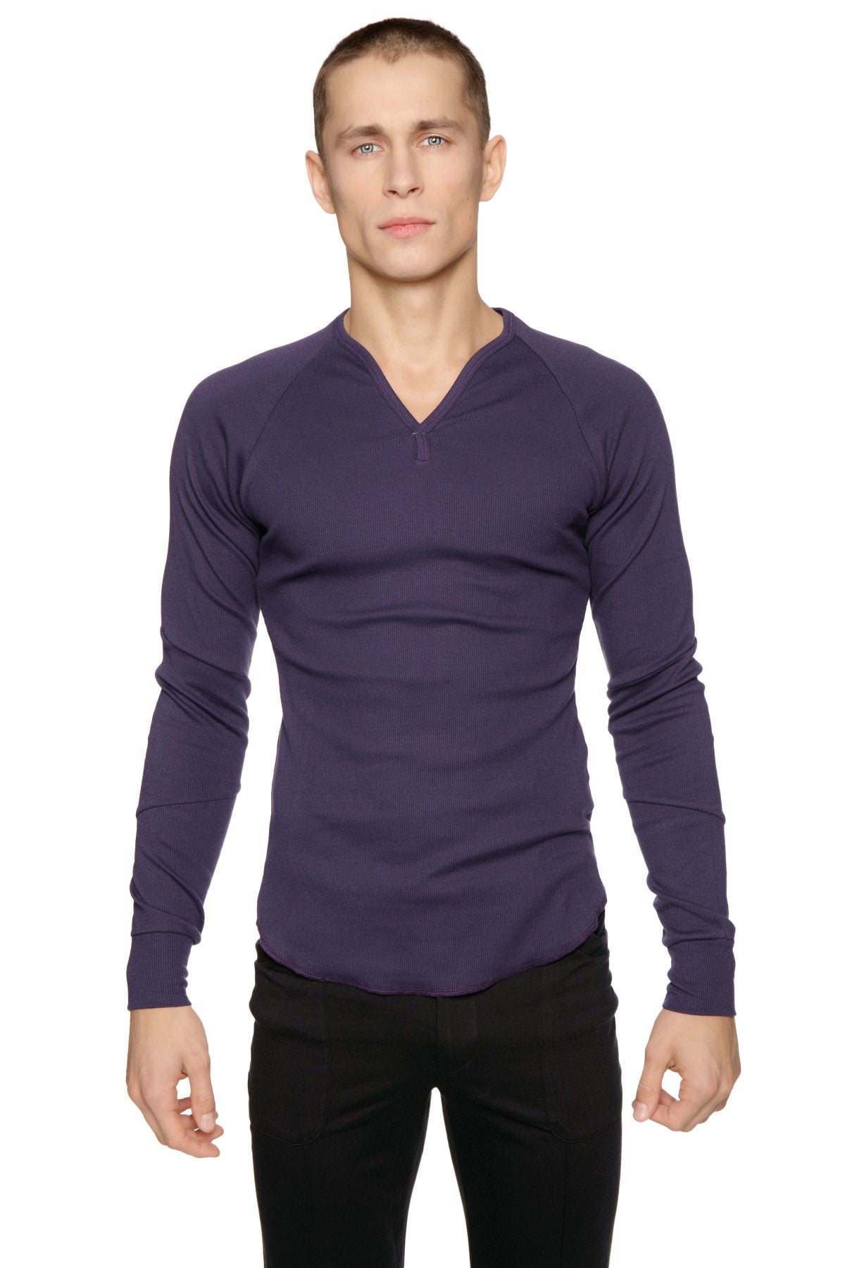 A sleek eggplant thermal v-neck long sleeve shirt with zipper detail at the neckline for warmth and style