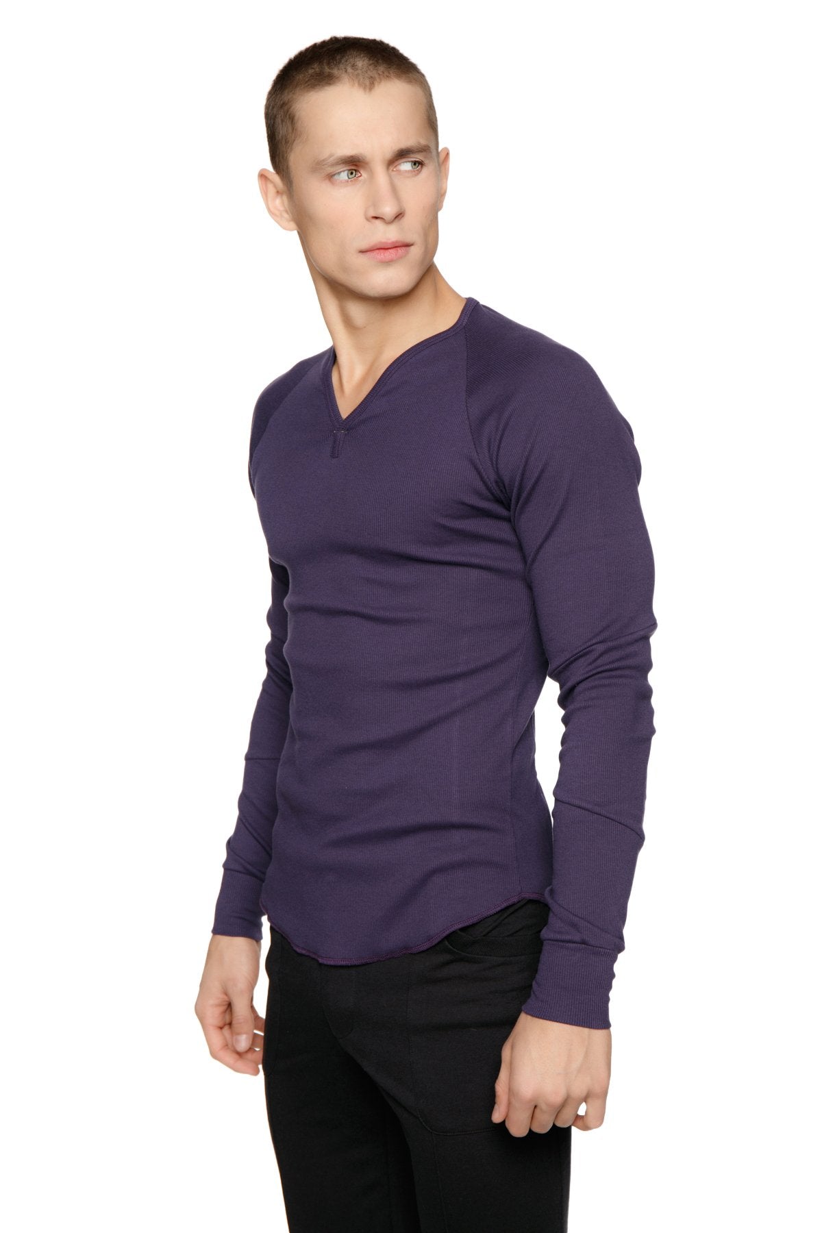A sleek deep purple thermal v-neck long sleeve shirt with a fitted silhouette perfect for layering