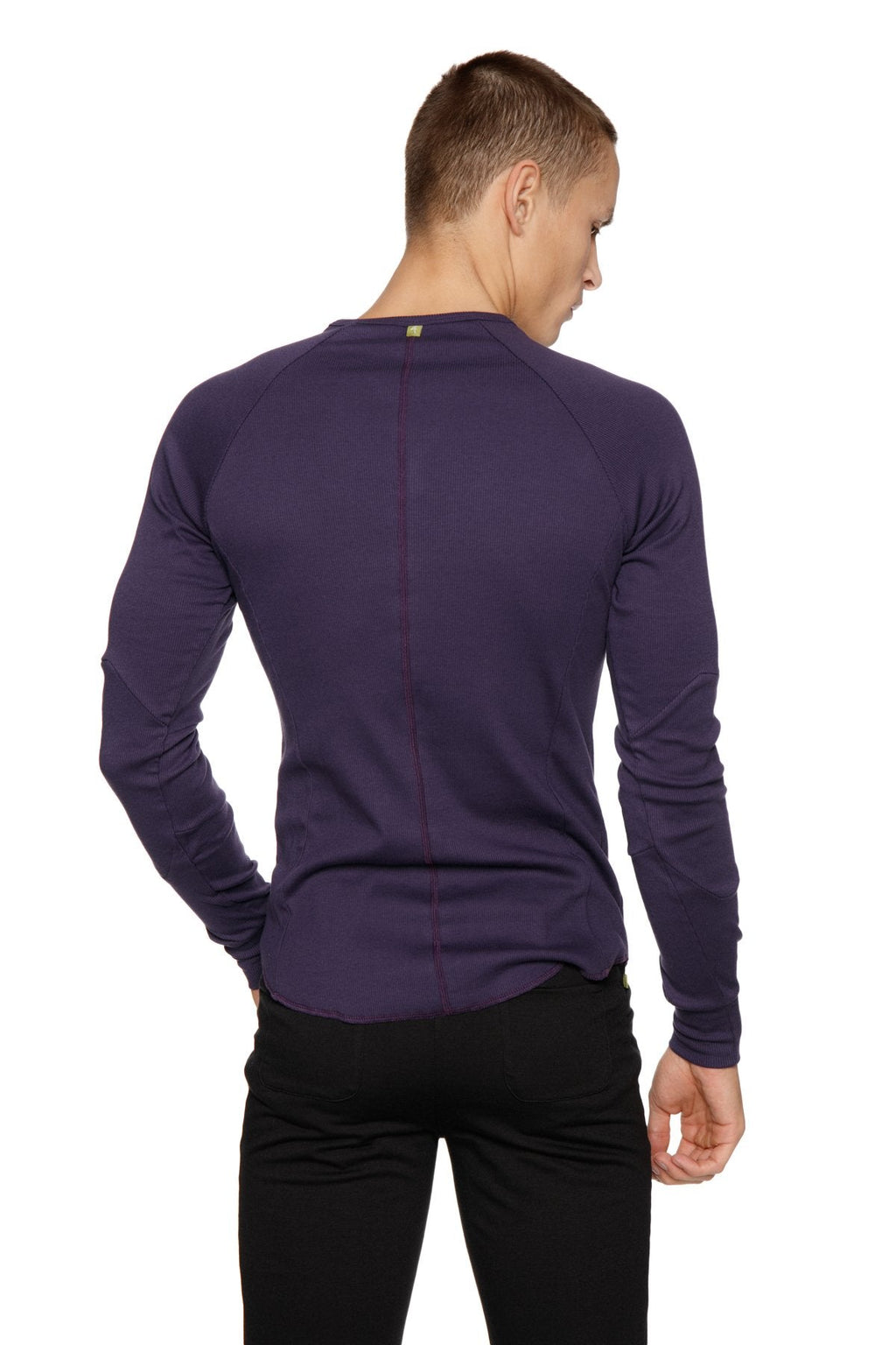 A sleek deep purple thermal v-neck long sleeve shirt with fitted cut and subtle seam detailing for athletic wear