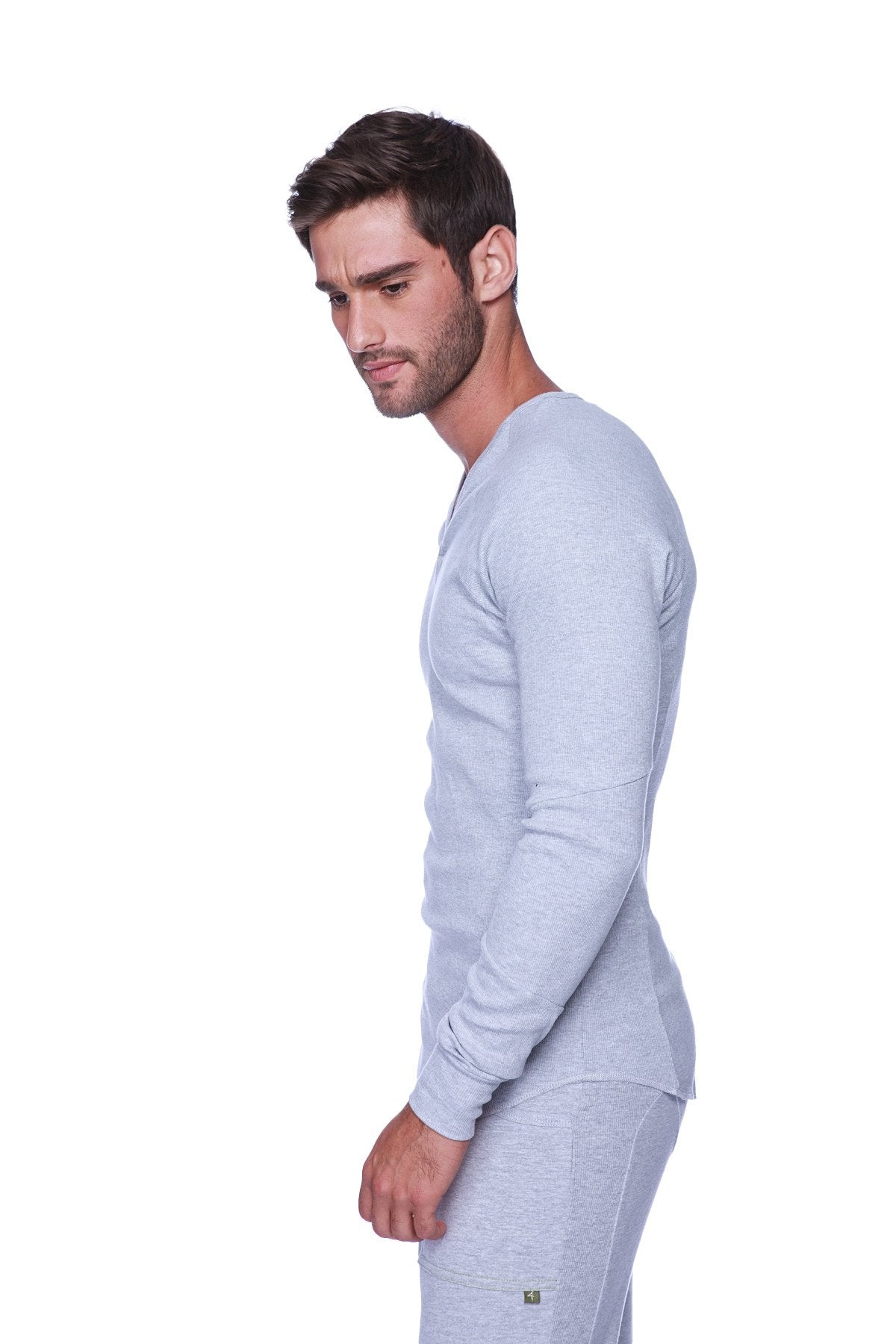 Light gray heather thermal v neck long sleeve set made of soft fabric ideal for cold weather layering