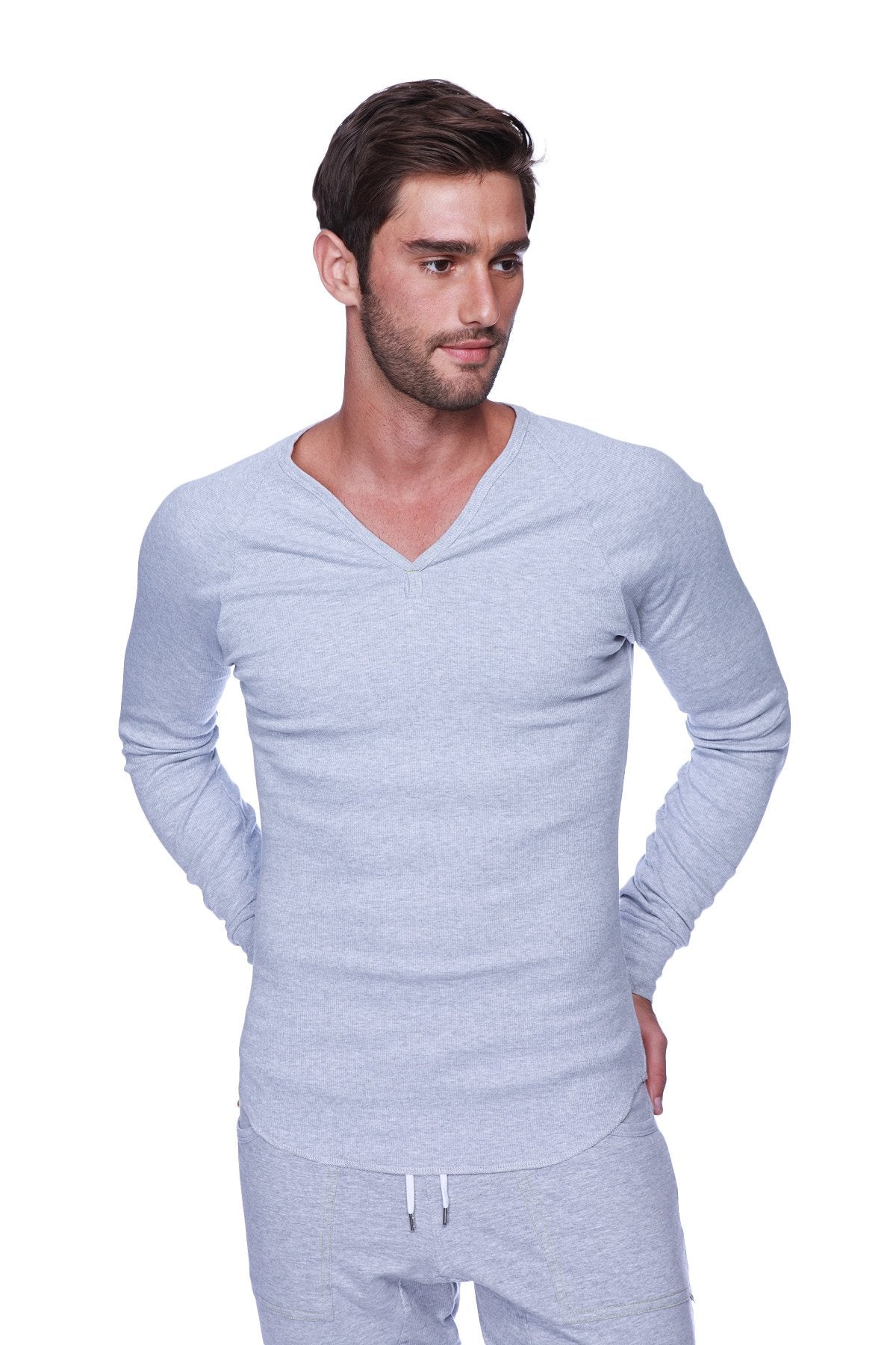 Thermal v-neck long sleeve shirt in heather grey with a subtle texture made from warm breathable fabric