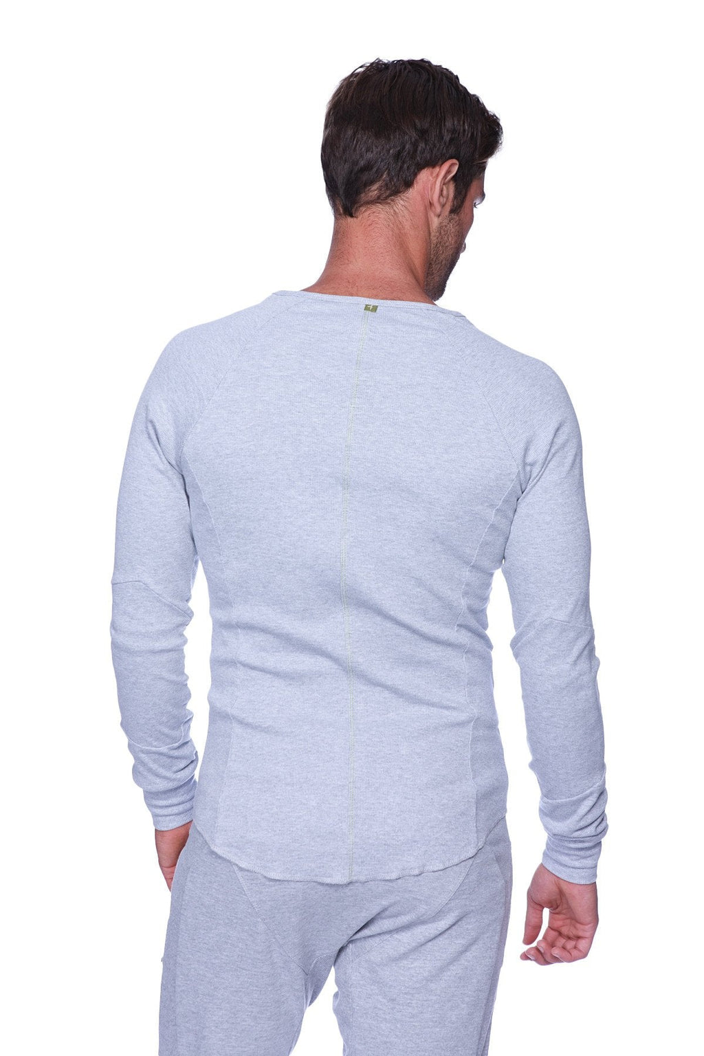 Thermal v neck long sleeve heather grey shirt with light gray heathered fabric and subtle ribbed cuffs