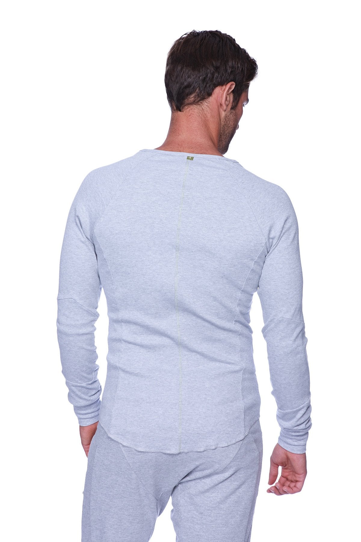 Thermal v neck long sleeve heather grey shirt with light gray heathered fabric and subtle ribbed cuffs