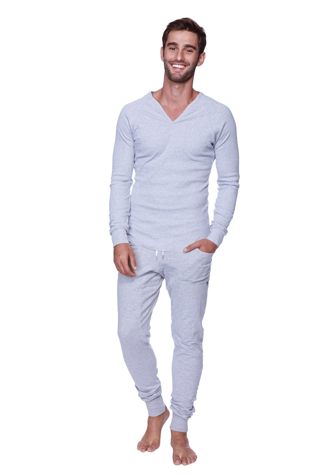 Light gray thermal v-neck long sleeve top and matching jogger pants set made from heather grey fabric for casual wear