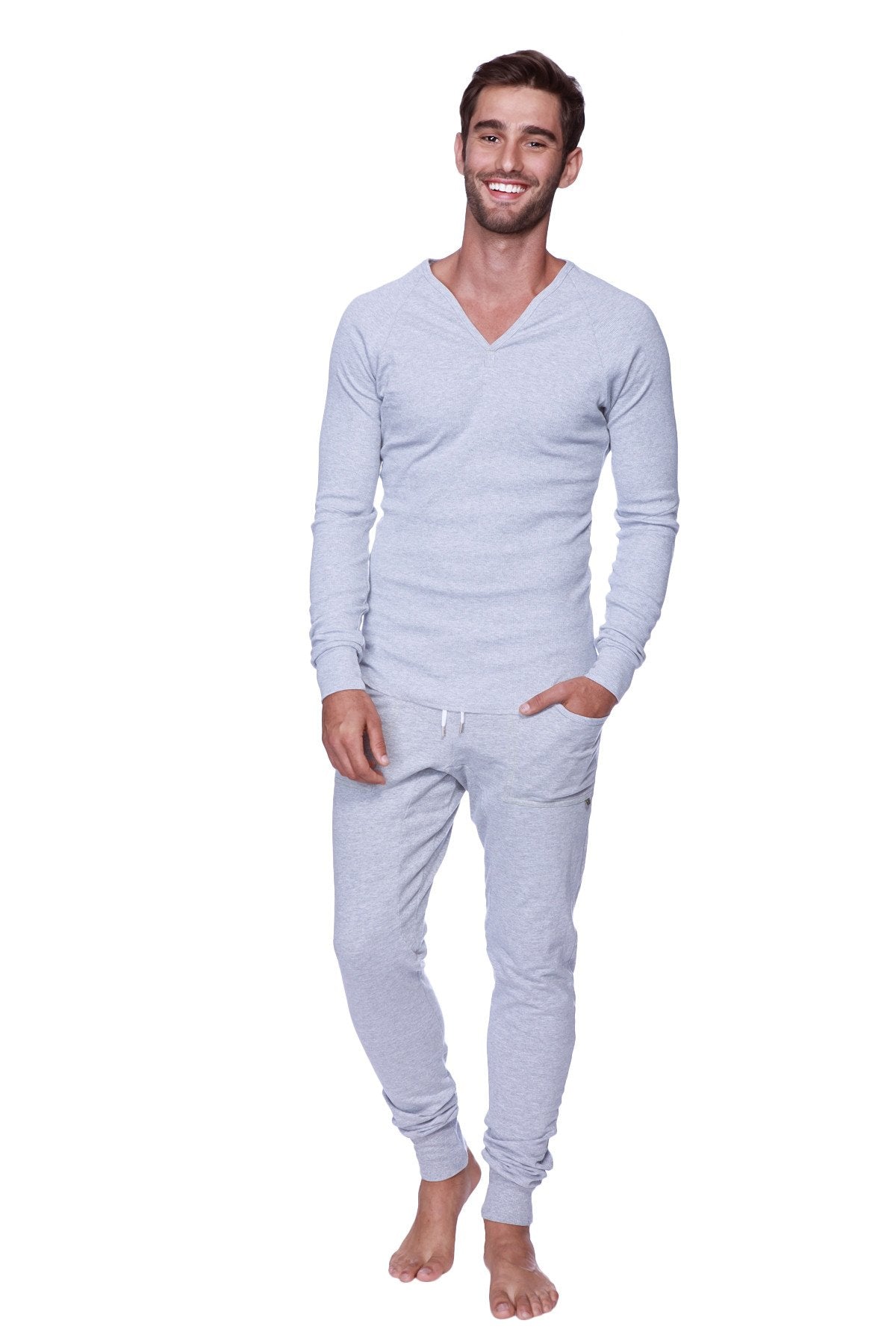 Light gray thermal v-neck long sleeve top and matching jogger pants set made from heather grey fabric for casual wear