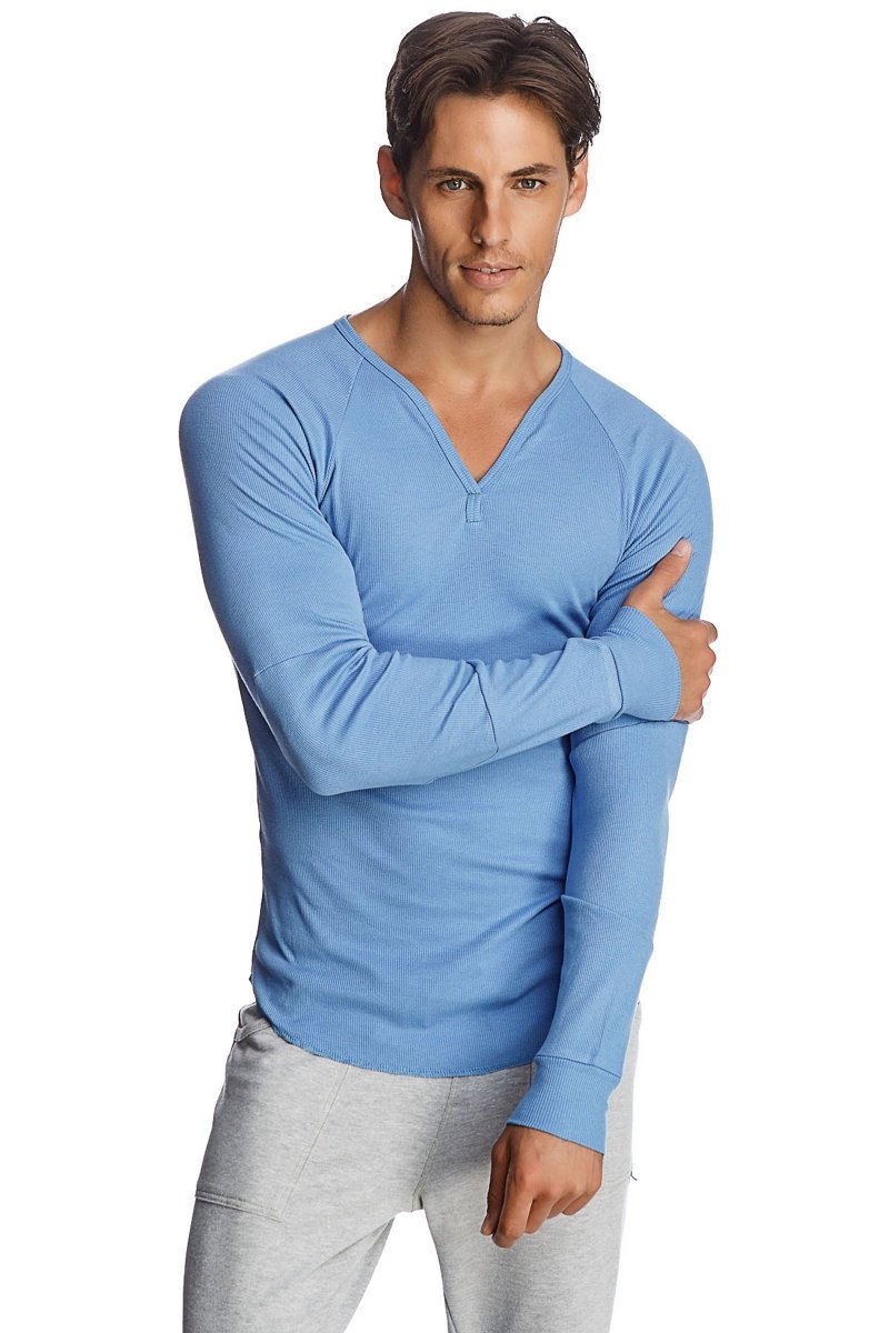 Light blue thermal v neck long sleeve shirt with ribbed texture and raglan sleeves for casual wear