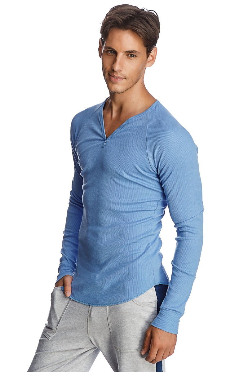 Thermal v-neck long sleeve shirt in ice blue with ribbed texture and subtle seam detailing