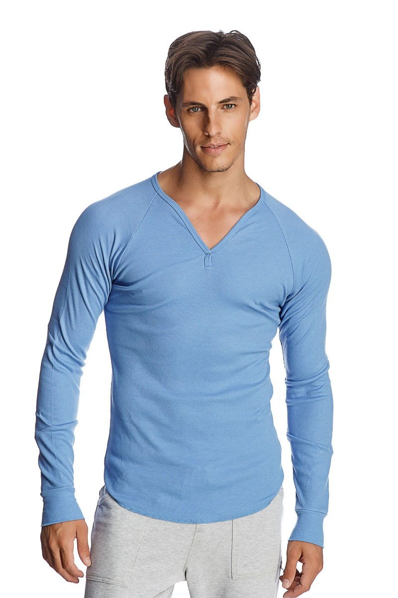 Light blue ribbed thermal v-neck long sleeve shirt designed for warmth and comfort in cold weather