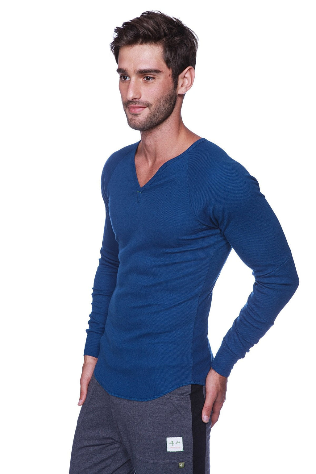 A sleek deep blue thermal v-neck long sleeve shirt made of soft stretchy fabric for warmth and comfort