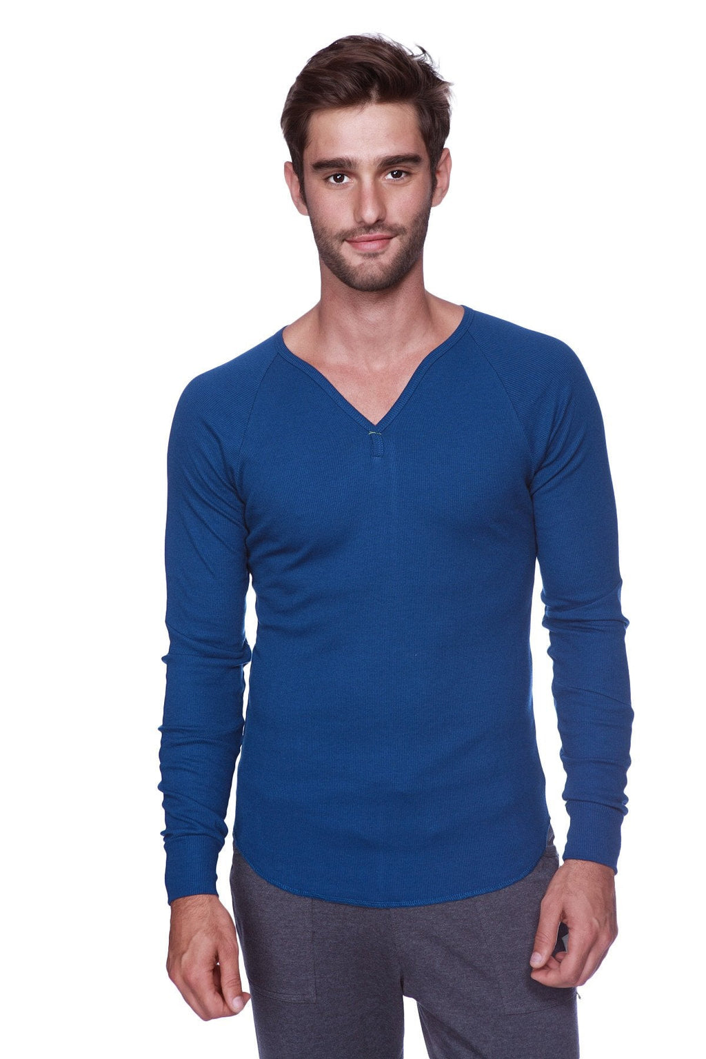 A men’s thermal v-neck long sleeve shirt in solid royal blue made from soft knit fabric