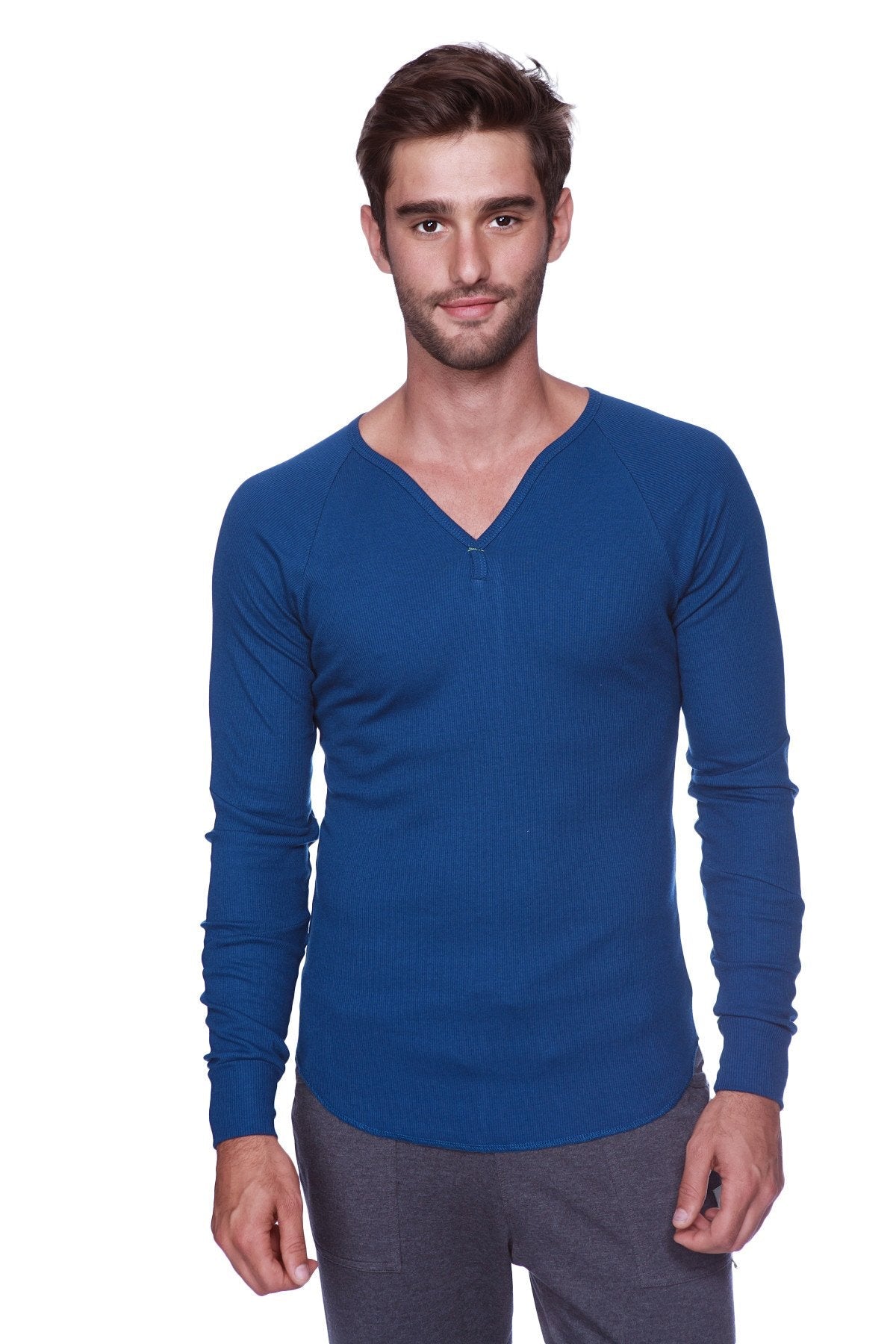 A men’s thermal v-neck long sleeve shirt in solid royal blue made from soft knit fabric