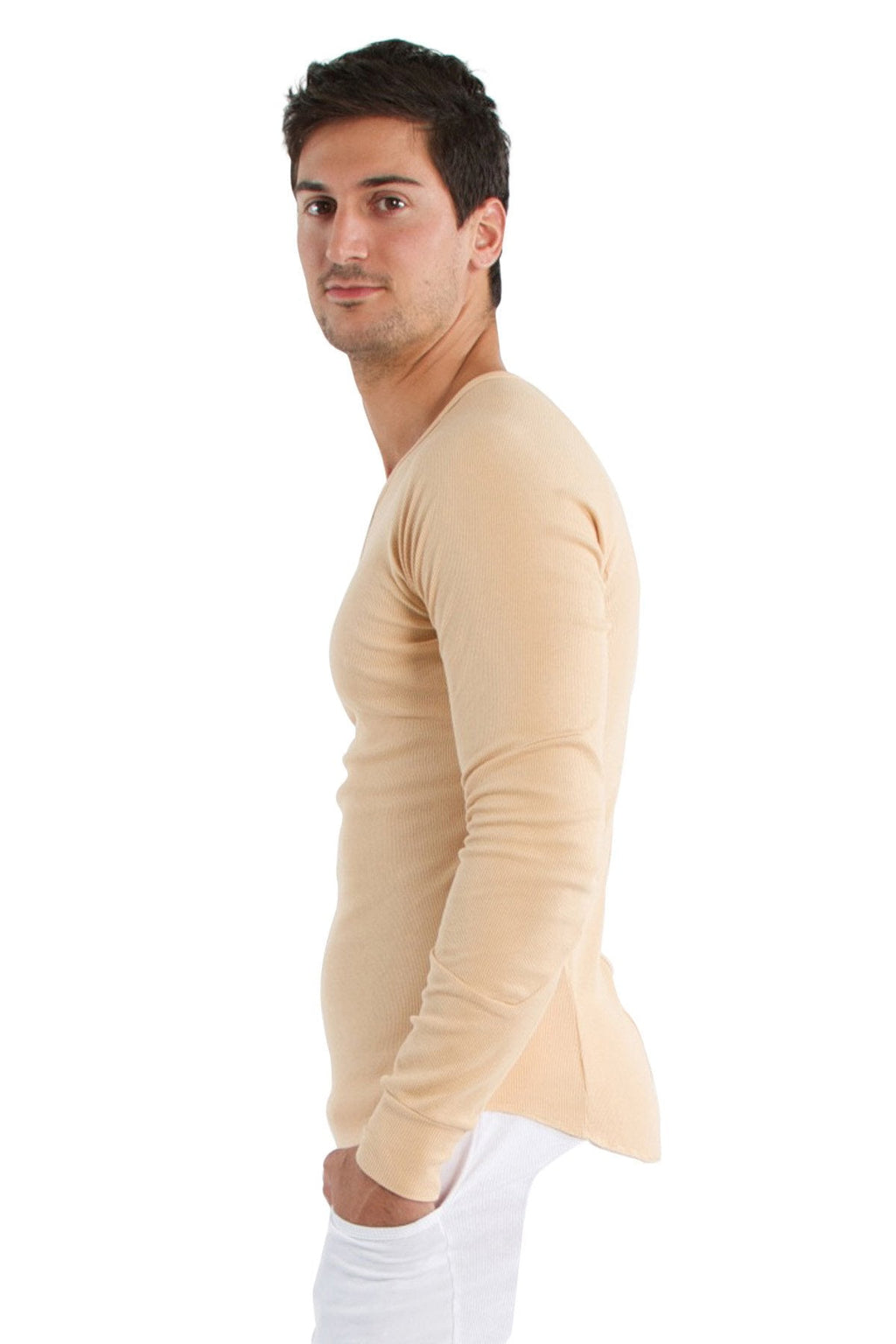 Beige thermal v neck long sleeve shirt with fitted tapered silhouette for layered casual wear