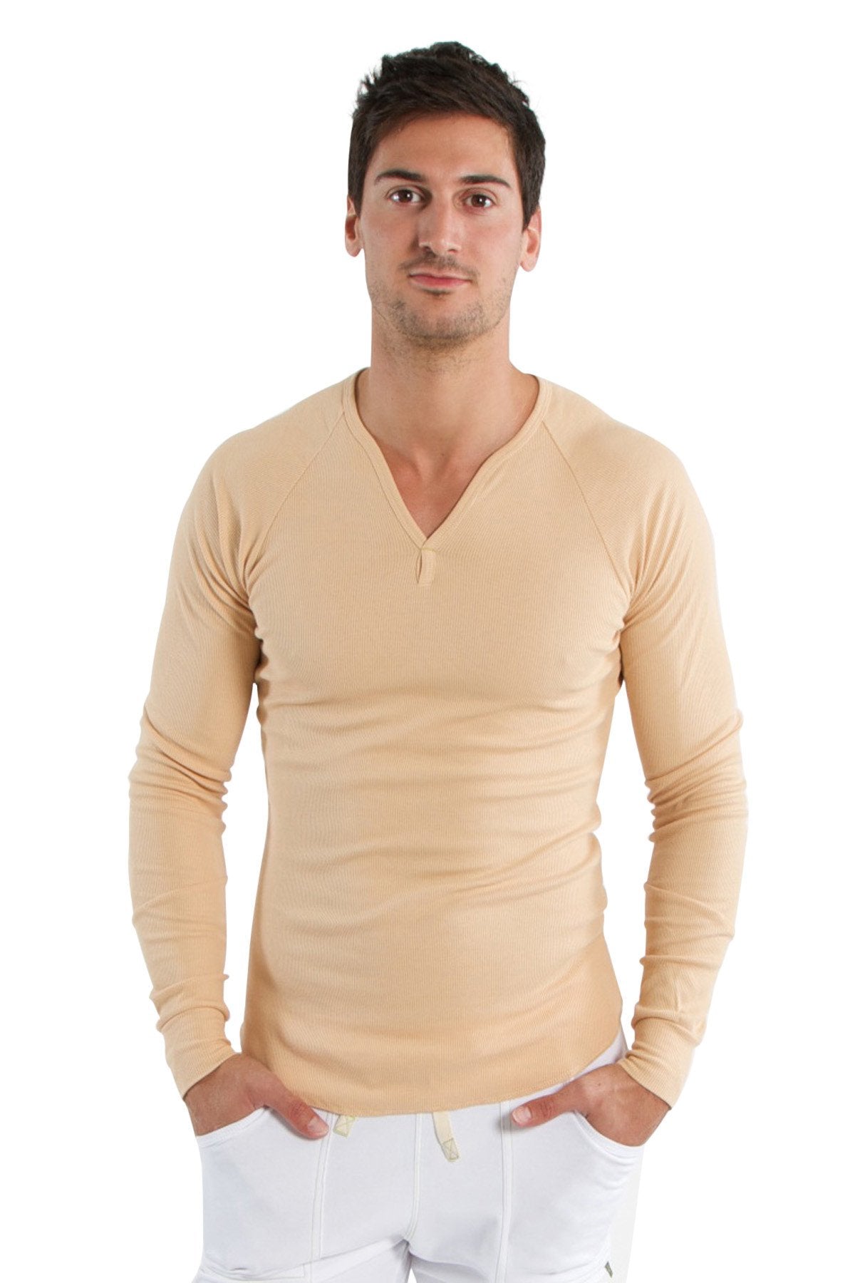 Beige thermal v-neck long sleeve shirt with subtle ribbed texture perfect for layering and casual wear