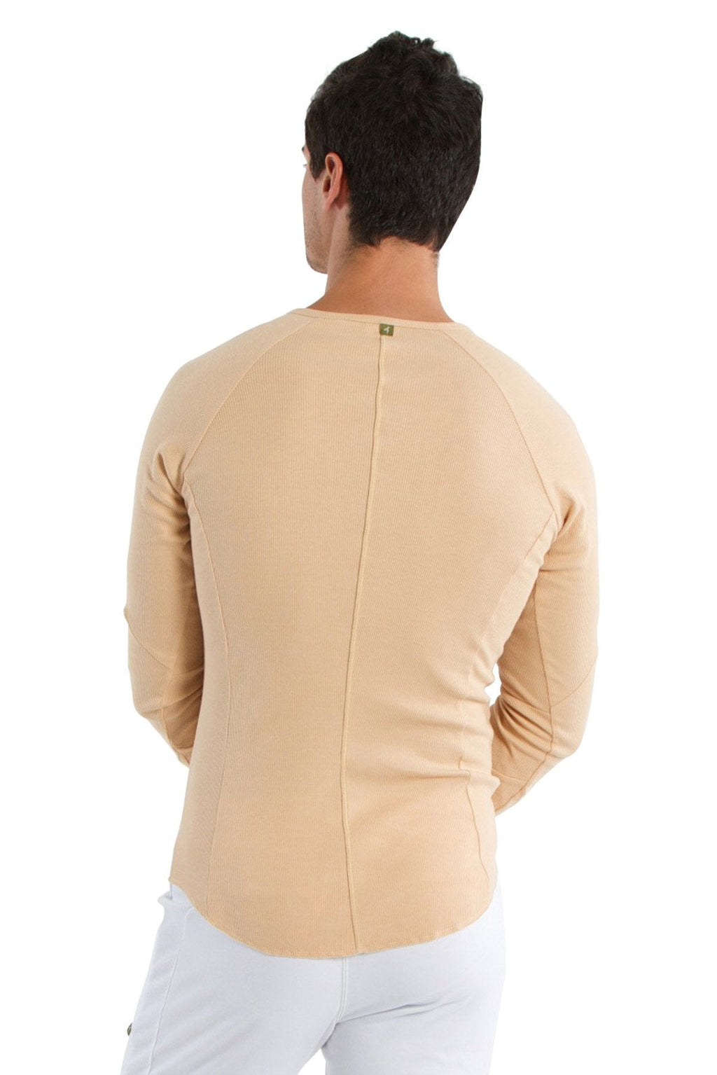 Beige thermal v-neck long sleeve shirt with ribbed texture and central seam shown from the back side