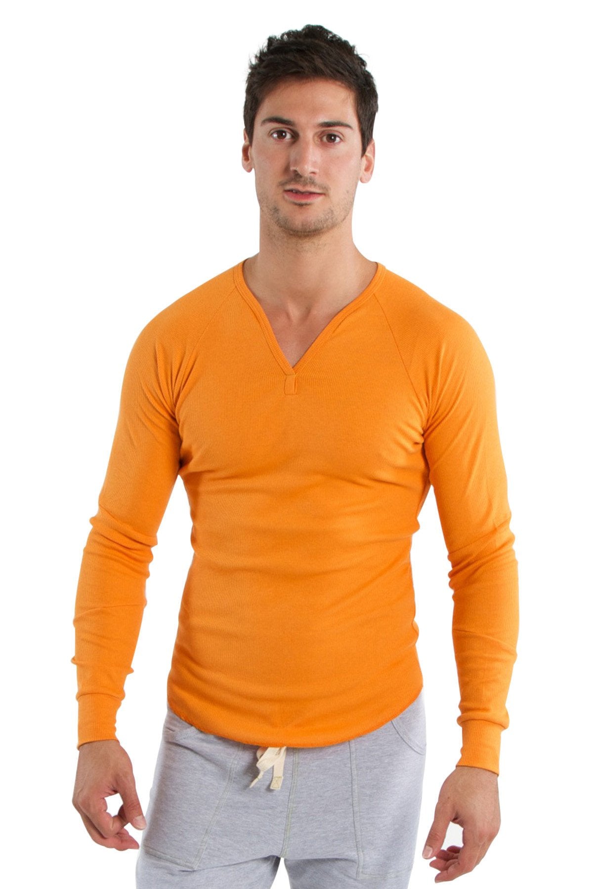 Thermal v neck long sleeve shirt in sun orange with thermal fabric designed for warmth and comfort