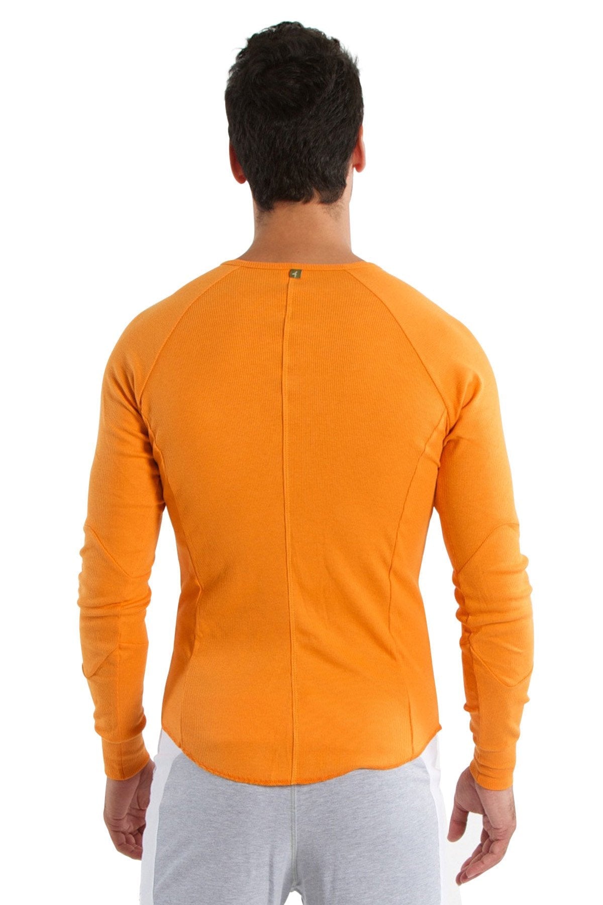 Thermal v-neck long sleeve sun orange athletic shirt with ribbed back panel and raglan sleeves shown from back side